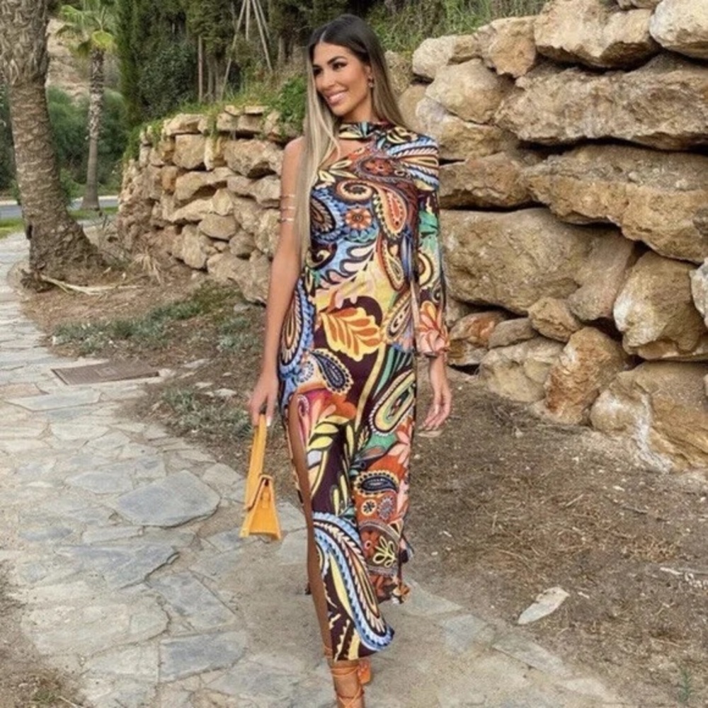 NWT ZARA ONE SHOULDER PRINTED ASYMMETRIC DRESS MULTICOLORED S